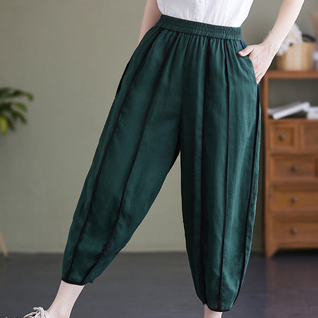 Buddha Stones Casual 7-8 Length Women's Cotton Linen Stripe Harem Pants With Pockets