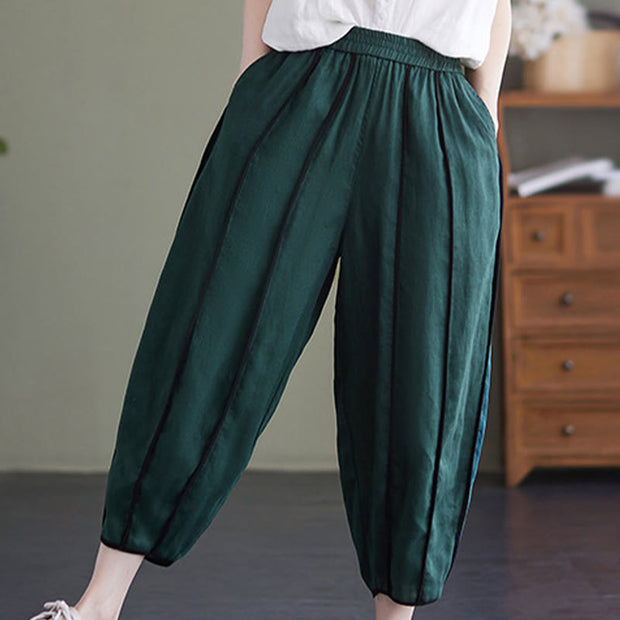 Buddha Stones Casual 7-8 Length Women's Cotton Linen Stripe Harem Pants With Pockets