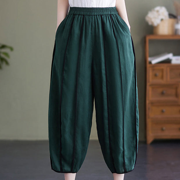 Buddha Stones Casual 7-8 Length Women's Cotton Linen Stripe Harem Pants With Pockets