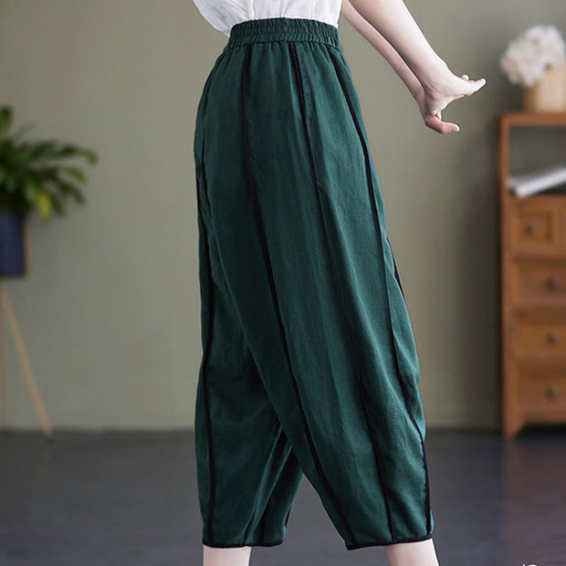 Buddha Stones Casual 7-8 Length Women's Cotton Linen Stripe Harem Pants With Pockets