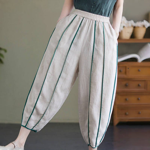 Buddha Stones Casual 7-8 Length Women's Cotton Linen Stripe Harem Pants With Pockets