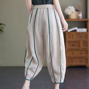 Buddha Stones Casual 7-8 Length Women's Cotton Linen Stripe Harem Pants With Pockets
