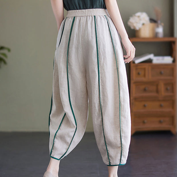 Buddha Stones Casual 7-8 Length Women's Cotton Linen Stripe Harem Pants With Pockets