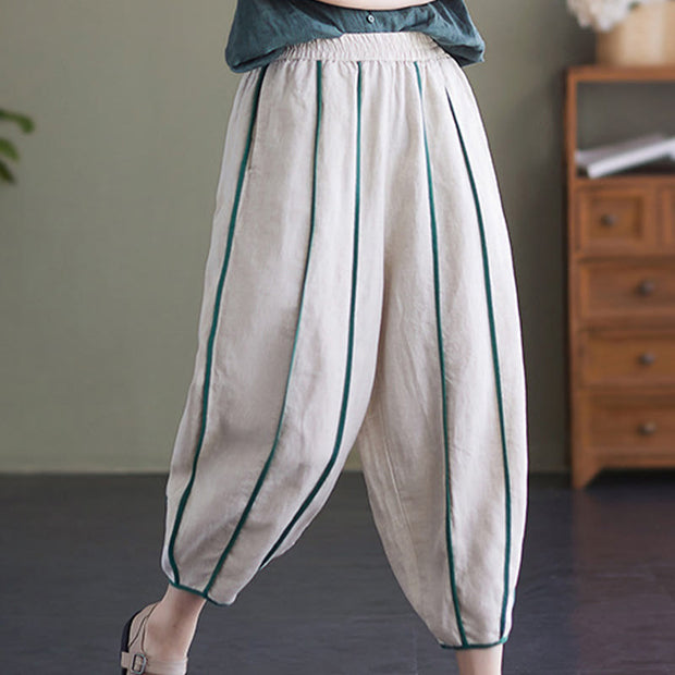 Buddha Stones Casual 7-8 Length Women's Cotton Linen Stripe Harem Pants With Pockets