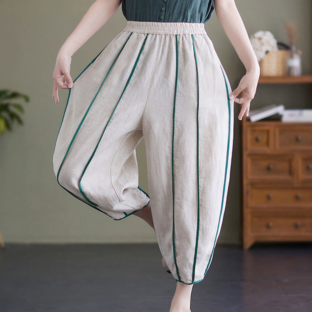 Buddha Stones Casual 7-8 Length Women's Cotton Linen Stripe Harem Pants With Pockets