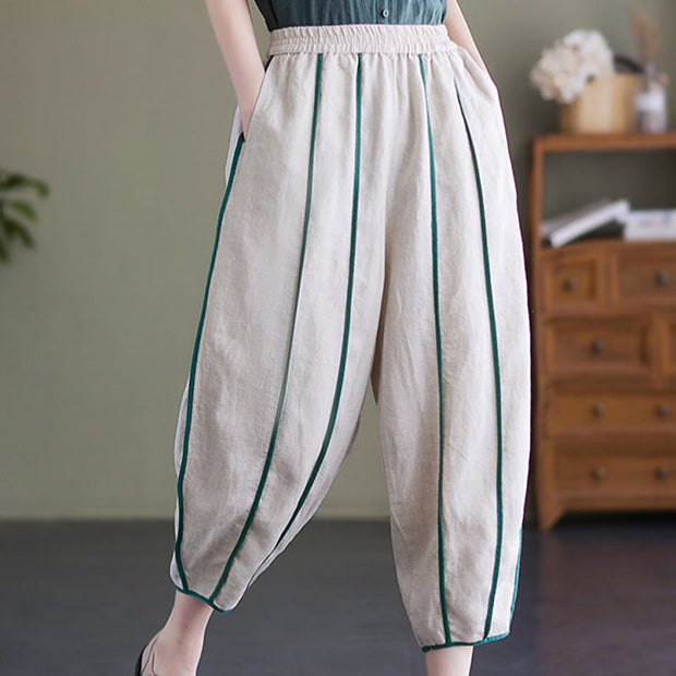 Buddha Stones Casual 7-8 Length Women's Cotton Linen Stripe Harem Pants With Pockets