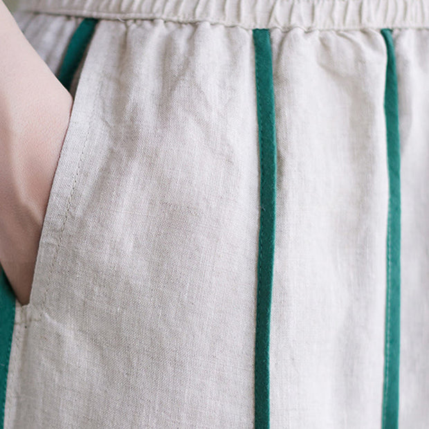 Buddha Stones Casual 7-8 Length Women's Cotton Linen Stripe Harem Pants With Pockets