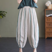 Buddha Stones Casual 7-8 Length Women's Cotton Linen Stripe Harem Pants With Pockets
