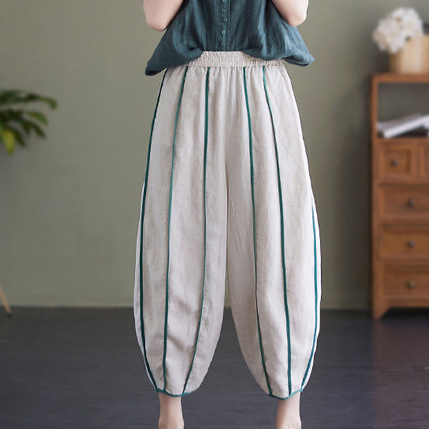 Buddha Stones Casual 7-8 Length Women's Cotton Linen Stripe Harem Pants With Pockets