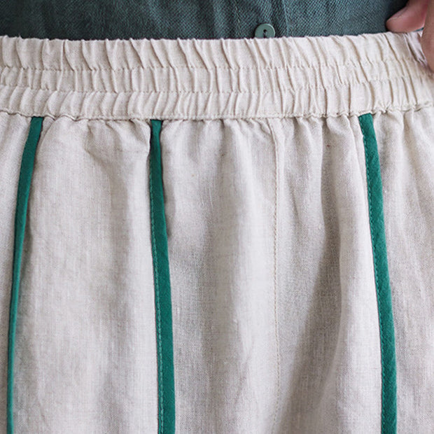 Buddha Stones Casual 7-8 Length Women's Cotton Linen Stripe Harem Pants With Pockets