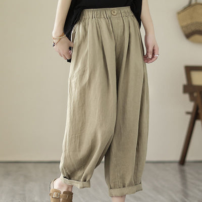 Buddha Stones Casual 7-8 Length Solid Color Elastic Waist Women's Cotton Harem Pants With Pockets