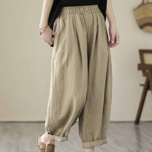 Buddha Stones Casual 7-8 Length Solid Color Elastic Waist Women's Cotton Harem Pants With Pockets