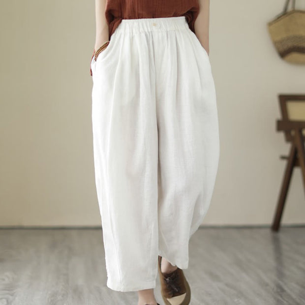 Buddha Stones Casual 7-8 Length Solid Color Elastic Waist Women's Cotton Harem Pants With Pockets