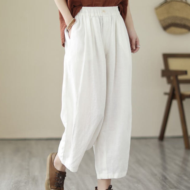 Buddha Stones Casual 7-8 Length Solid Color Elastic Waist Women's Cotton Harem Pants With Pockets