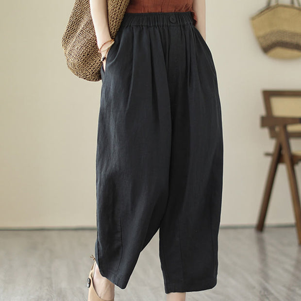 Buddha Stones Casual 7-8 Length Solid Color Elastic Waist Women's Cotton Harem Pants With Pockets