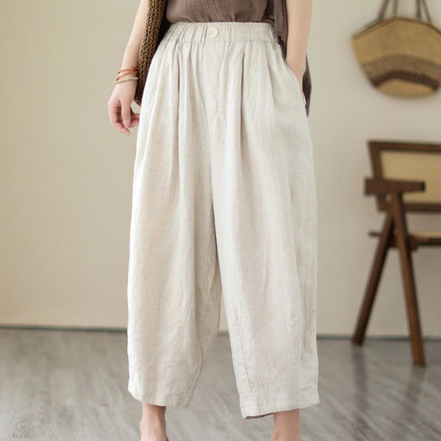 Buddha Stones Casual 7-8 Length Solid Color Elastic Waist Women's Cotton Harem Pants With Pockets