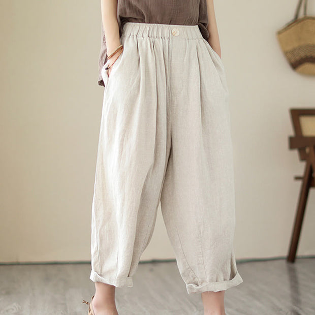 Buddha Stones Casual 7-8 Length Solid Color Elastic Waist Women's Cotton Harem Pants With Pockets