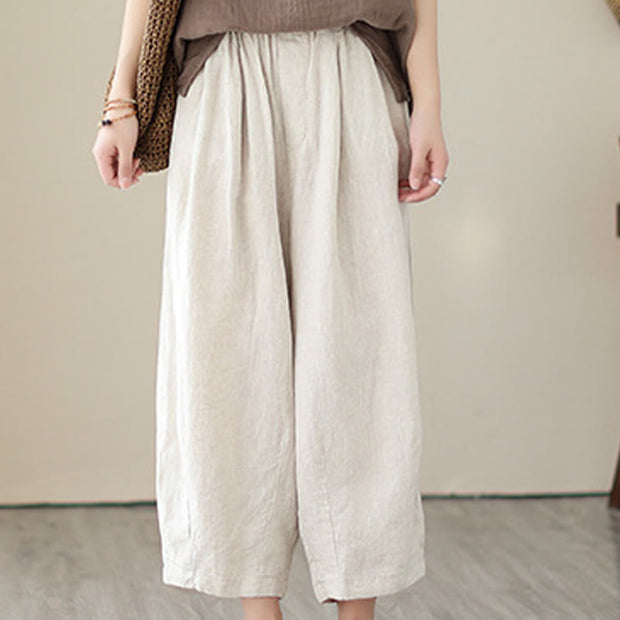 Buddha Stones Casual 7-8 Length Solid Color Elastic Waist Women's Cotton Harem Pants With Pockets