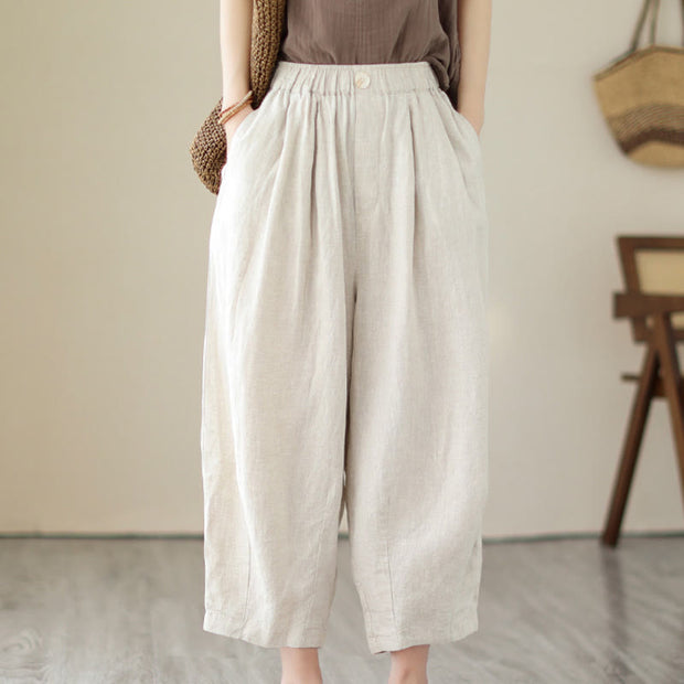 Buddha Stones Casual 7-8 Length Solid Color Elastic Waist Women's Cotton Harem Pants With Pockets