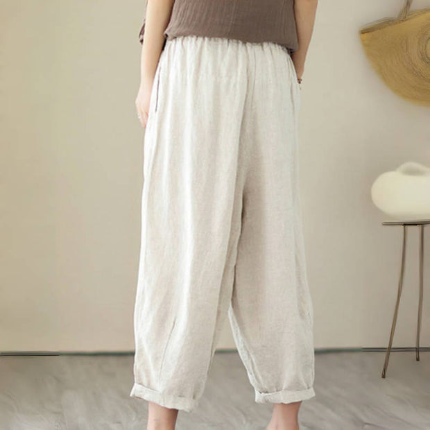 Buddha Stones Casual 7-8 Length Solid Color Elastic Waist Women's Cotton Harem Pants With Pockets
