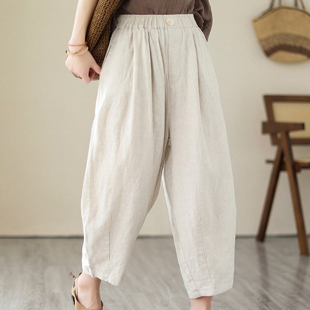 Buddha Stones Casual 7-8 Length Solid Color Elastic Waist Women's Cotton Harem Pants With Pockets