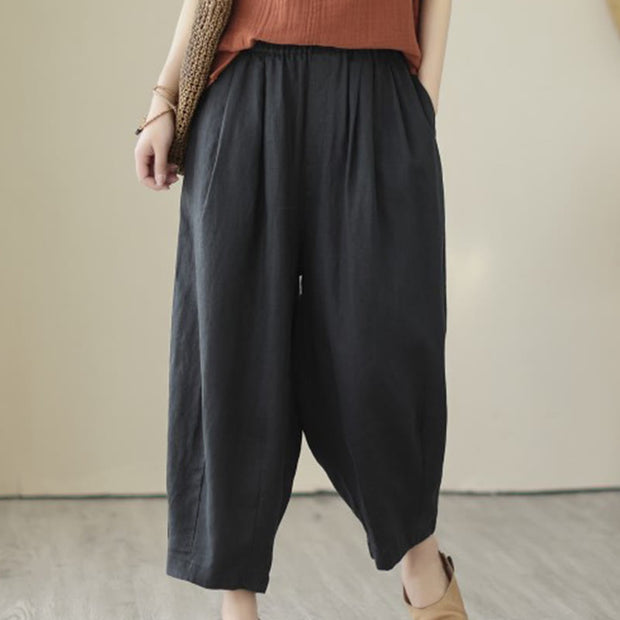 Buddha Stones Casual 7-8 Length Solid Color Elastic Waist Women's Cotton Harem Pants With Pockets