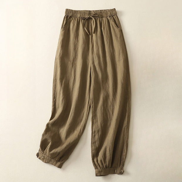 Buddha Stones Summer Plain Casual Frog-Button Women's Cotton Linen Harem Pants With Pockets