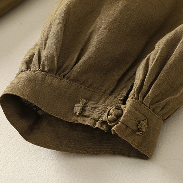 Buddha Stones Summer Plain Casual Frog-Button Women's Cotton Linen Harem Pants With Pockets