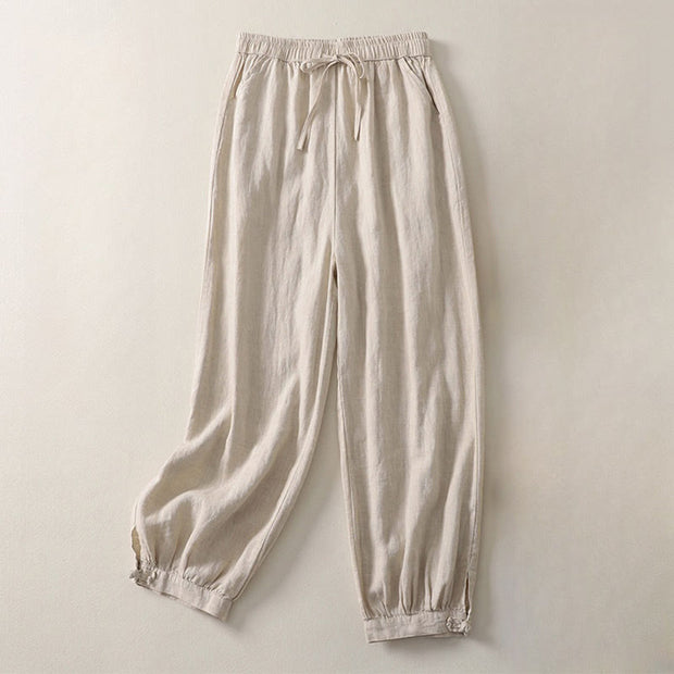 Buddha Stones Summer Plain Casual Frog-Button Women's Cotton Linen Harem Pants With Pockets