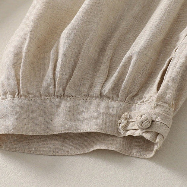 Buddha Stones Summer Plain Casual Frog-Button Women's Cotton Linen Harem Pants With Pockets