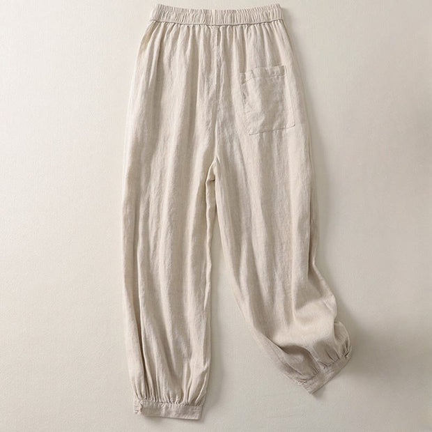 Buddha Stones Summer Plain Casual Frog-Button Women's Cotton Linen Harem Pants With Pockets