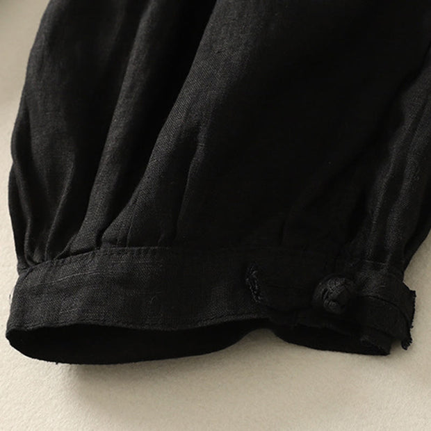 Buddha Stones Summer Plain Casual Frog-Button Women's Cotton Linen Harem Pants With Pockets