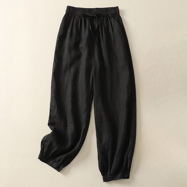 Buddha Stones Summer Plain Casual Frog-Button Women's Cotton Linen Harem Pants With Pockets