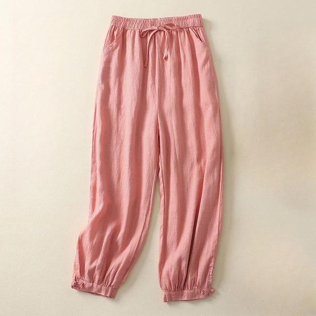 Buddha Stones Summer Plain Casual Frog-Button Women's Cotton Linen Harem Pants With Pockets