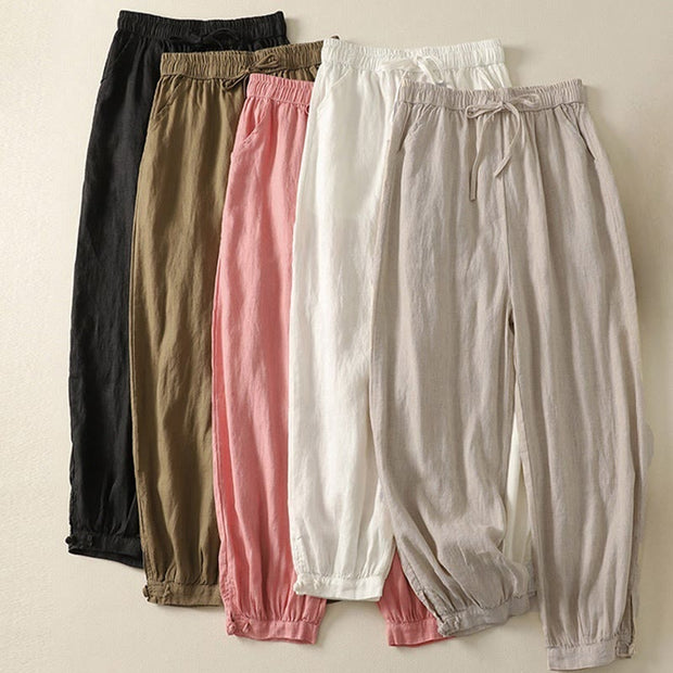 Buddha Stones Summer Plain Casual Frog-Button Women's Cotton Linen Harem Pants With Pockets