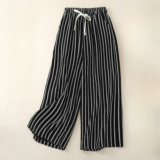Buddha Stones Casual Acrylic Stripe Lace-up Women's Wide Leg Pants With Pockets