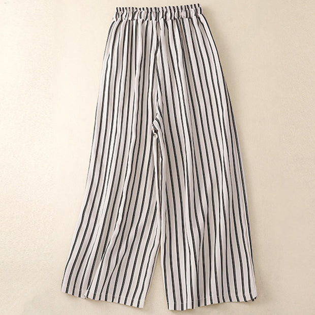 Buddha Stones Casual Acrylic Stripe Lace-up Women's Wide Leg Pants With Pockets