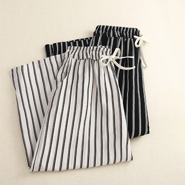 Buddha Stones Casual Acrylic Stripe Lace-up Women's Wide Leg Pants With Pockets