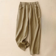 Buddha Stones Summer Plain Casual 7-8 Length Buttons Women's Cotton Linen Harem Pants With Pockets