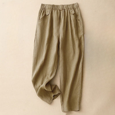 Buddha Stones Summer Plain Casual 7-8 Length Buttons Women's Cotton Linen Harem Pants With Pockets