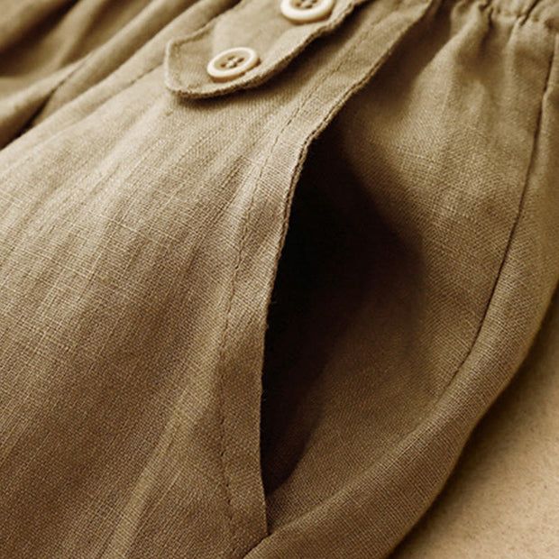Buddha Stones Summer Plain Casual 7-8 Length Buttons Women's Cotton Linen Harem Pants With Pockets