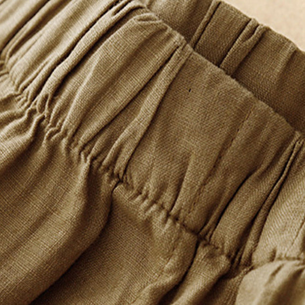 Buddha Stones Summer Plain Casual 7-8 Length Buttons Women's Cotton Linen Harem Pants With Pockets