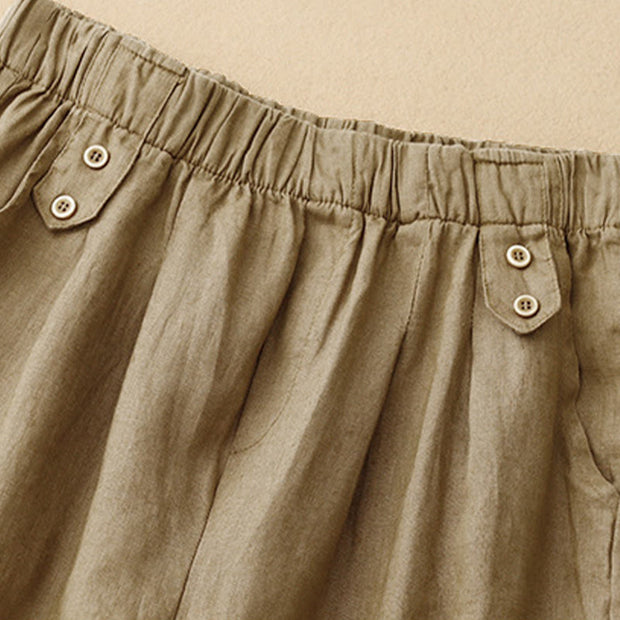 Buddha Stones Summer Plain Casual 7-8 Length Buttons Women's Cotton Linen Harem Pants With Pockets