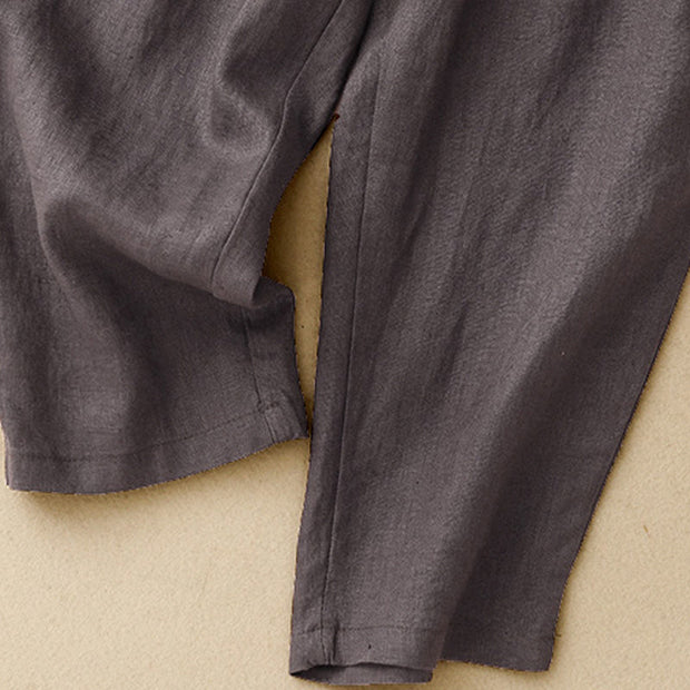 Buddha Stones Summer Plain Casual 7-8 Length Buttons Women's Cotton Linen Harem Pants With Pockets