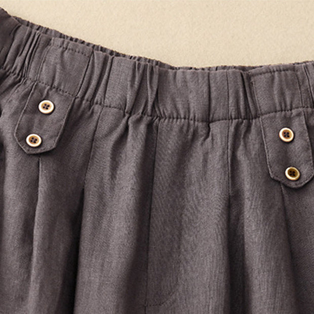 Buddha Stones Summer Plain Casual 7-8 Length Buttons Women's Cotton Linen Harem Pants With Pockets