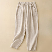 Buddha Stones Summer Plain Casual 7-8 Length Buttons Women's Cotton Linen Harem Pants With Pockets