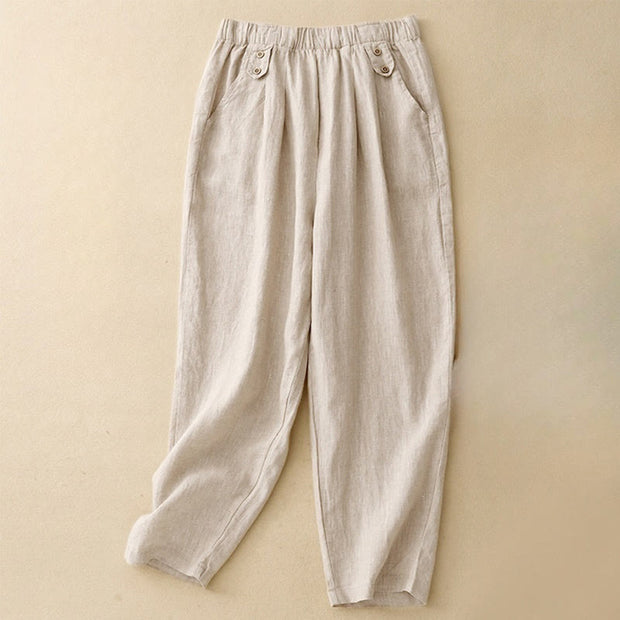Buddha Stones Summer Plain Casual 7-8 Length Buttons Women's Cotton Linen Harem Pants With Pockets