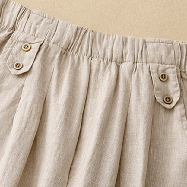 Buddha Stones Summer Plain Casual 7-8 Length Buttons Women's Cotton Linen Harem Pants With Pockets