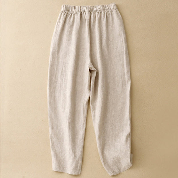 Buddha Stones Summer Plain Casual 7-8 Length Buttons Women's Cotton Linen Harem Pants With Pockets