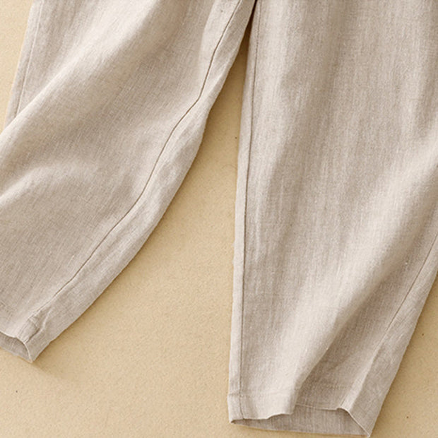 Buddha Stones Summer Plain Casual 7-8 Length Buttons Women's Cotton Linen Harem Pants With Pockets